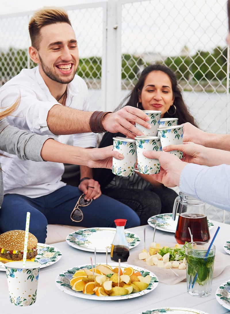 هومار كيت طقم أدوات مائدة للاستخدام مرة واحدة مكون من 200 قطعة، يتسع لـ 25 ضيفاً، يشمل أطباقاً ورقية، مناديل، أكواب، شفاطات، ملاعق بلاستيكية، شوك، وسكاكين، مناسب لحفلات استقبال المولود، وحفلات الزفاف، وأعياد الميلاد (بتصميم أنيق من الأوراق والزهور). - Image 3